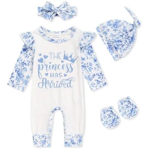 GRNSHTS Newborn Baby Girl Romper Infant Letter Print Jumpsuit Floral Bodysuit+Hat+Headband+Gloves Coming Home Clothes Outfits