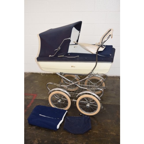 Vintage Perego Baby Pram Carriage Navy White Chrome Bassinet Stroller Italy