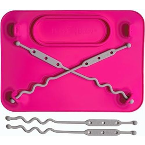 BUSY BABY Silicone Mat - Suction Cups, 4 Straps to Secure Baby Essentials, Self Feeding, Baby Led Weaning, Travel Sleeve Included (Pink)