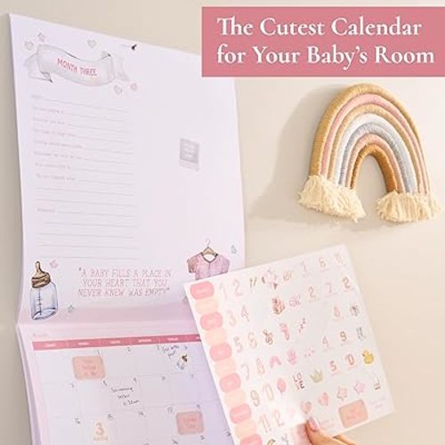 Baby's First Year Calendar with 100 Stickers - Pink Watercolor Design 1st Years Wall Calendar With Stickers, Baby Tracker, Baby Scrapbook for New Mom and Newborn Baby Girls