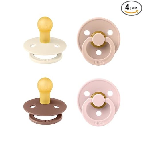 BIBS Pacifiers - Colour 4-Pack | BPA Free Baby Pacifier | Round Nipple Binkies | Natural Rubber Latex Soother | Made in Denmark | Size 1 (0-6 Months) | Blush Mix