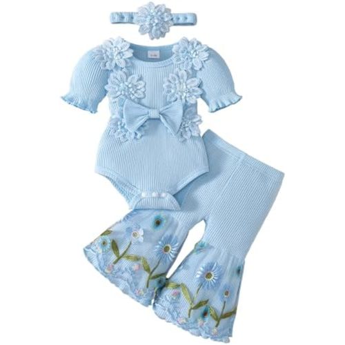 Newborn Baby Girl Clothes Infant Summer Bell Bottoms Outfits Puff Sleeve Romper Mesh Flare Pants Sets Headband