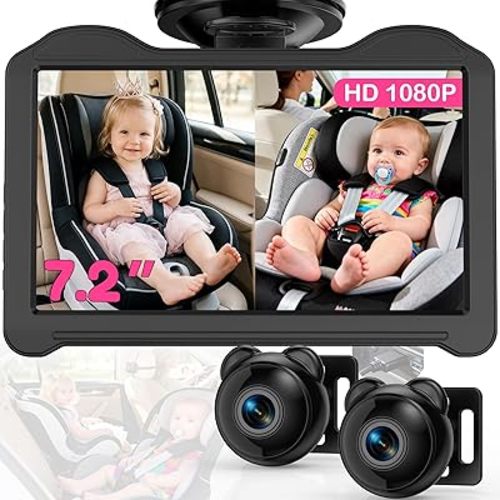 Dual 1080P Baby Car Camera for 2 Kids - 7.2'' Split Screen Monitor for Twins & Sibling, HD Day & Night Vision Car Seat Camera Delivering Clear Face & Body View on Road Trip & Daily Commutes