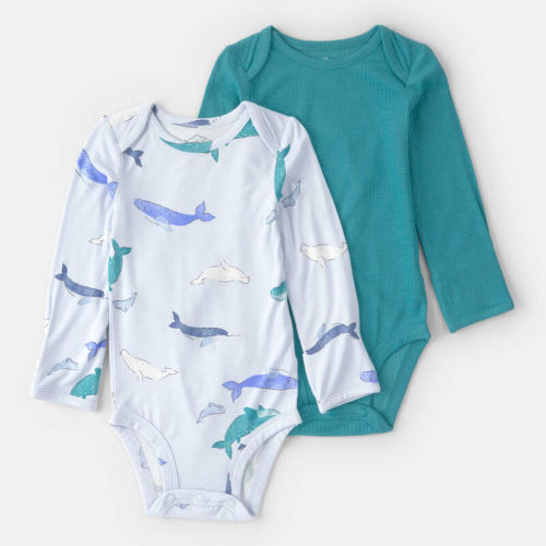 Baby 2-Pack Whale Solid PurelySoft Long-Sleeve Multipack Bodysuits - Blue | Carter’s Oshkosh Canada