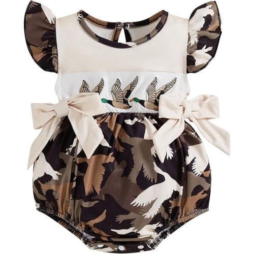 SAYOO Duck Hunting Baby Clothes Infant Baby Girls Mallard Duck Embroidered Camoflage Bubble Romper Summer Ruffle Bodysuit