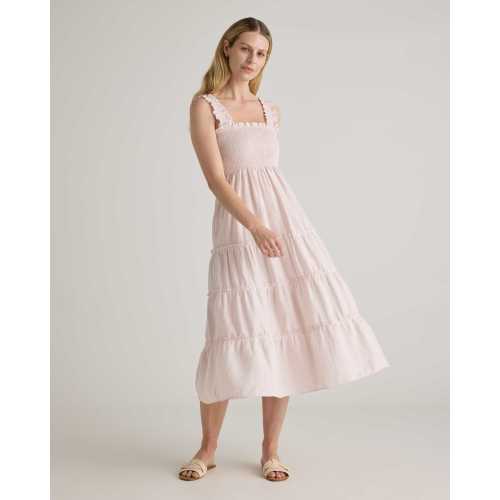100% European Linen Smocked Midi Dress in Pale Pink