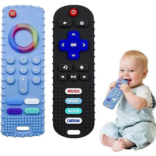 ERSIHUA 2-Pack Baby Teething Toys-TV Remote Control Shape Silicone Infants Teething Toys for Babies 0-18 Months,BPA-Free (Black+Blue)