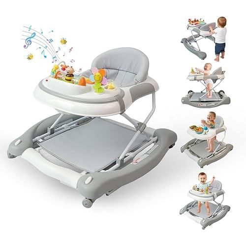 5 in 1 Baby Walker, Music and Lights Walker for Baby Boy Girls 6-12 Months, Foldable Baby Walkers with Wheels and Bouncer Combo Portable, Toddler Infant Walker with Adjustable Height