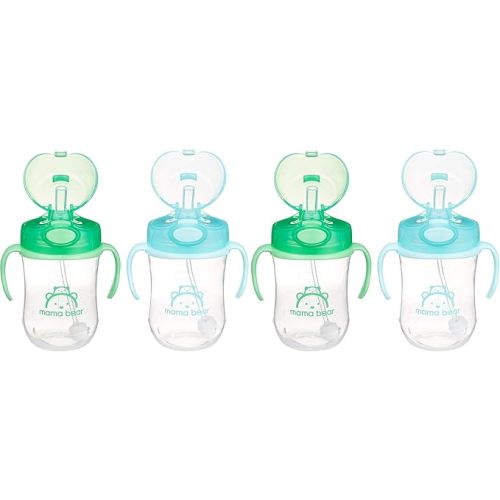 Mama Bear Sippy Cup, Silicone, 9 Ounces | Weighted Straw | Pack of 4 | Blue/Green