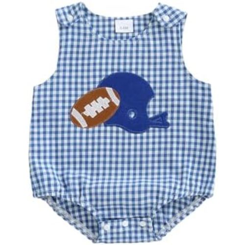 Newborn Baby Boy Football Outfit Rugby Embroidery Sleeveless Bubble Romper Seersucker Stripe Bodysuit Summer Clothes