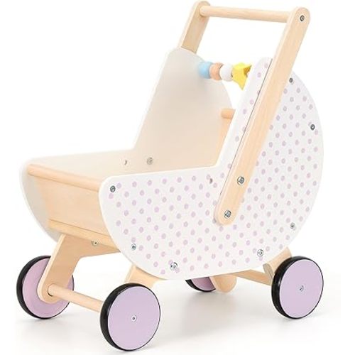Wooden Baby Walker & Doll Stroller – Adjustable Handle Push Cart, Anti‑Tip, Quiet Wheels, Pretend Shopping Cart – Montessori Wooden Walker for Babies, Doll Stroller for Toddlers 12m+