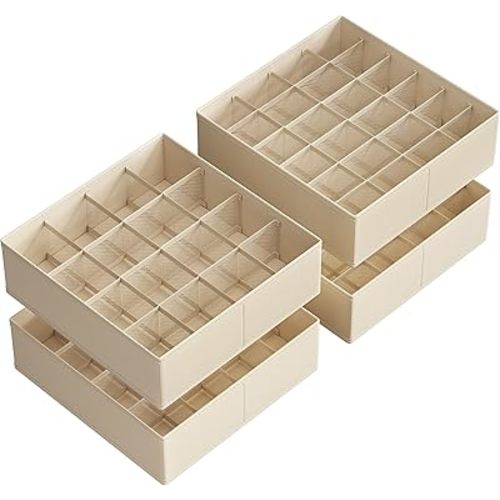 SONGMICS Set of 4 Underwear Organizers, Drawer Organizers, Dresser Closet Storage, 80 Cells (2x16+2x24), Foldable Dividers, 11.8 x 11.8 x 3.9 Inches, for Socks, Ties, Belts, Summer Sand URUS011K01