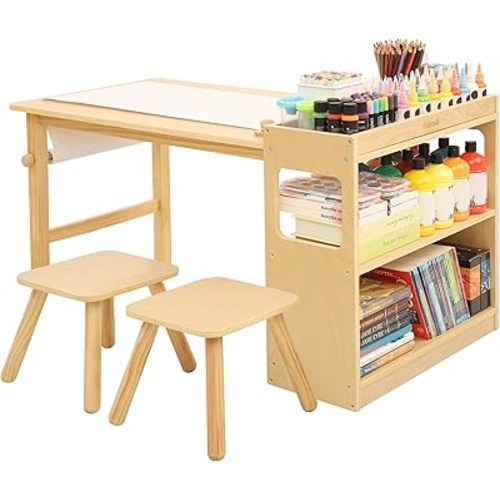 Bateso Kids Art Table and 2 Chairs Set with Roll Paper & Storage, Wooden Kid Craft Table for Drawing, Learning and Reading, Toddler Activity Play Desk for Home, Playroom or Classroom