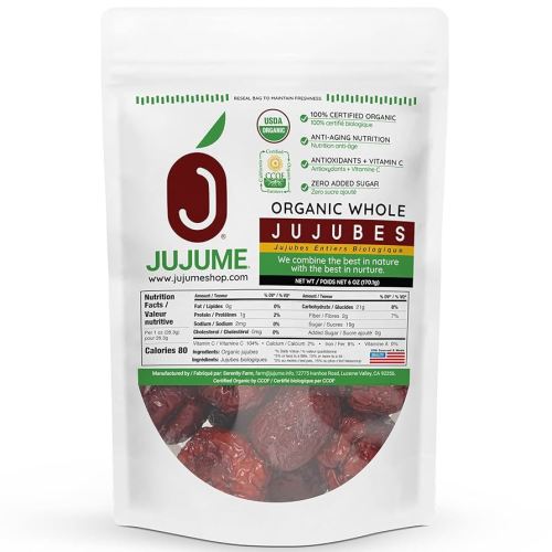 JUJUME | USDA Organic California Grown Jujubes Red Dates | Individually Sorted 3X for QA | High Grade Superfood | Healthy Dried Fruit | Certified All-Natural Non-GMO | 6 oz. bag