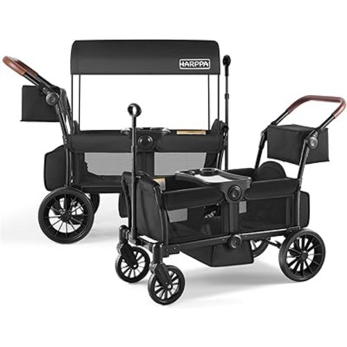 HARPPA Wagon Stroller for 2 Kids, Folding Push-Pull Design with Adjustable Handle Bar and Adjustable Canopy, Snack Tray & Storage Bag, Black