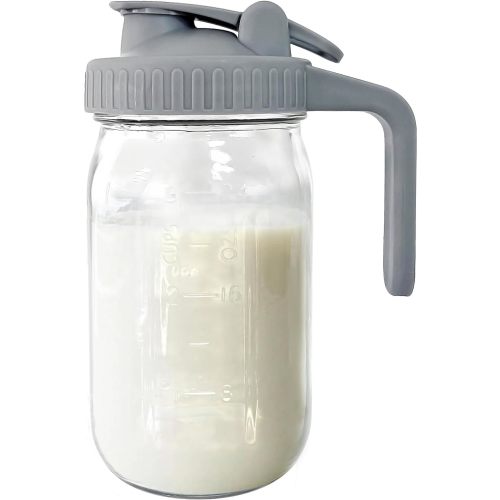 Breast Milk Pitcher, Mason Jar 32 oz, Heavy Duty Wide Mouth Jar with Flip Cap Lid and Pour Spout - Airtight Seal for Freshness and Convenience - Great for Cold Beverages, and Home Entertaining - 32oz