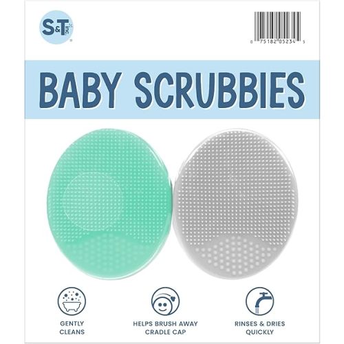 S&T INC. Exfoliating and Massaging Cradle Cap Bath Brushes for Baby, Silicone - 2 Inch x 2.5 Inch, Grey and Teal, 2 Pack