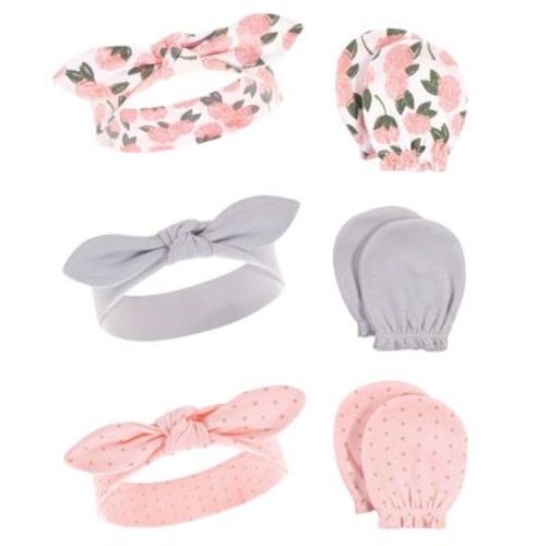 Hudson Baby Infant Girls Cotton Headband and Scratch Mitten 6pc Set, Pink Peony, 0-6 Months