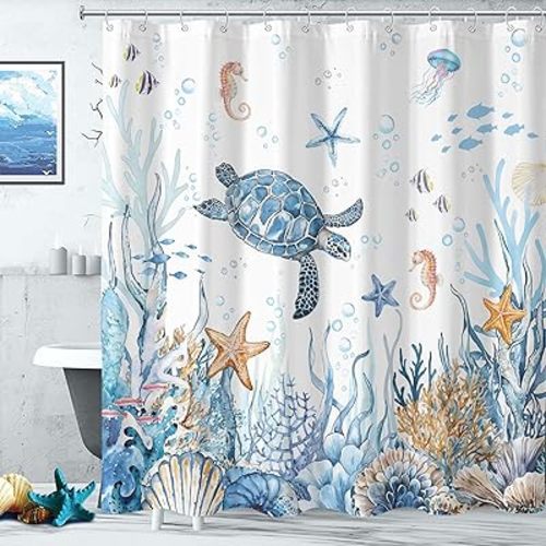 Nautical Coastal Turtle Shower Curtain, Blue Starfish Seashell Ocean Themed Underwater Seahorse Bathroom Decor, 72x72 inch