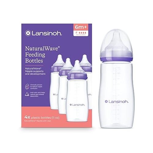 Lansinoh Anti-Colic Baby Bottles, BPA-Free Plastic, 8 Ounces, 4 Count, Medium Flow Nipples (Size M), Breastfeeding Bottle with NaturalWave Design