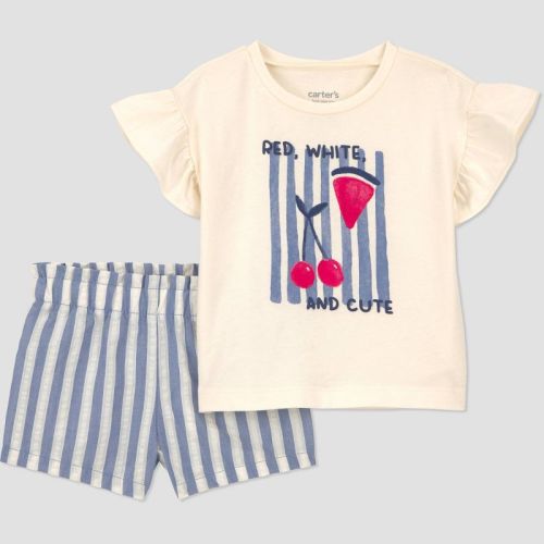Carter's Just One You® Baby Girls' 2pc Striped Fruit Graphic Americana T-Shirt and Shorts Set - Blue/Ivory/Red 9M
