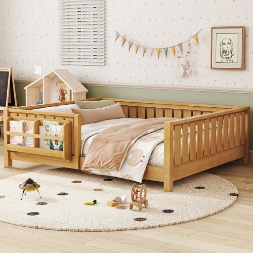 Bellemave Natural Montessori Floor Bed with Fence and Slats, Queen Size Montessori Floor Bed with Bookcase and High Rails, Easy Assemble Bed Frame for Girls, Boys, Queen