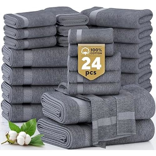LANE LINEN 24 Piece Bath Towels Set - 100% Cotton Bathroom Towels, Absorbent Towels for Bathroom, 4 Large Bath Towels, 2 Bath Sheets, 6 Hand Towels, 8 Wash Cloths, 4 Fingertip Towels - Cool Grey
