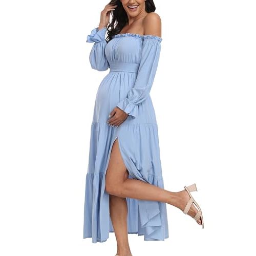Boho Off Shoulder Maternity Dresses, Long Sleeve Side Split Flowy A Line Tiered Maxi Dress for Baby Shower Photoshoot