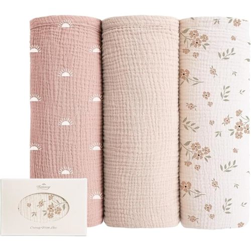Konssy Muslin Swaddle Blankets, 100% Cotton Receiving Blankets, 47"x 47" | 2 Pack, Soft & Lightweight, Perfect for Receiving & Swaddling, Newborn to Toddler, Boys & Girls (Peach Blossom Sun)