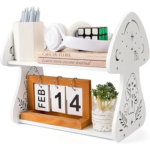 Small Cute Mushroom Shelf for Desktop Storage, Mini Mushroom Desktop Book Shelves, White Versatility Organizers for Women, Kids