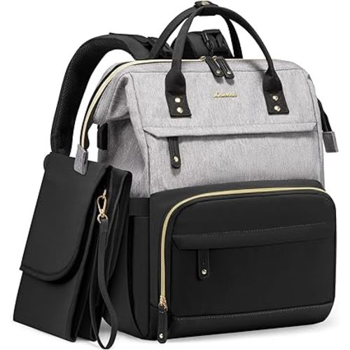 LOVEVOOK Diaper Bag Backpack, Baby Bag with Changing Station, Large Diaper Backpack for Mom Dads, Waterproof Leather Mommy Bag for Boy and Girl, Travel Essential Baby Shower, Black-Grey