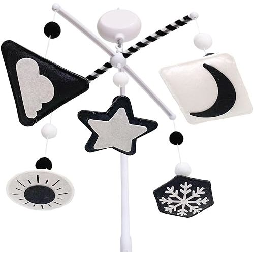 Montessori Mobile, Black and White Baby Crib Mobile, Neutral Nursery Mobile Decoration for Pack N Play, for Baby Boy & Girl, Sun, Moon, Star, Snow, Cloud with Arm & Music Box