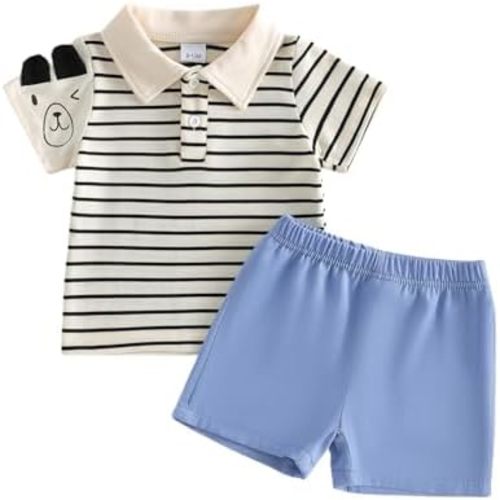 Toddler Baby Boy Clothes Short Sleeve Lapel Button Striped Shirt Solid Color Shorts Outfits Baby Boy Summer Outfit
