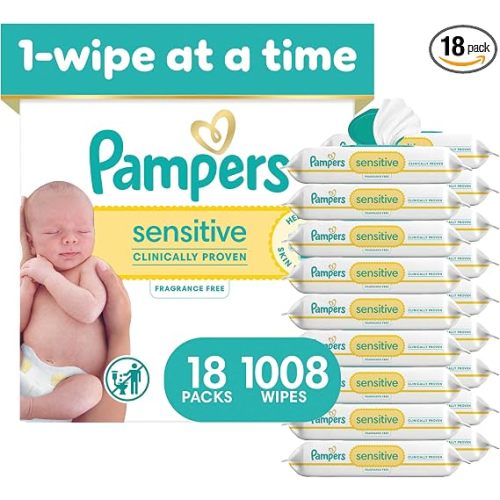 Pampers Sensitive Baby Wipes, Clinically Proven, Fragrance Free, Unscented, Water Based, Hypoallergenic, Multi-Use, Hand Wipes 1008 Wipes Total (18X Flip-Top Packs) [Packaging May Vary]
