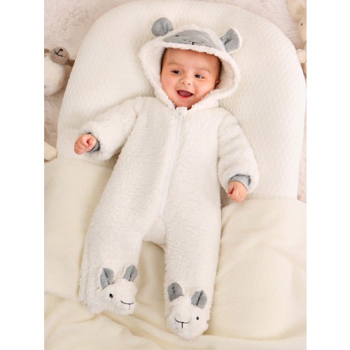SHEIN Baby Boys Cartoon Embroidery 3D Ears Design Hooded Teddy Sleep Jumpsuit