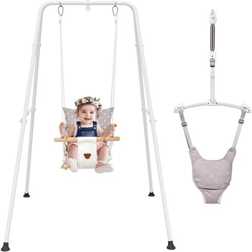 RAGOZONERY 2 in 1 Baby Jumper with Toddler Swing, Baby Jumpers and Bouncers,Indoor Outdoor Toddler Swing Set, Cotton, White