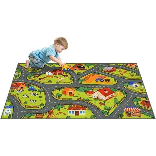 STARUIA 60" x 32" Washable Kids Rug for Playroom, Boys Baby Car Rugs for Kids Toy Cars Have Fun Safely, Educational Farm Road Play Rug Race Track Carpets for Kids Room Bedroom