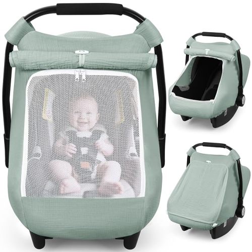 Rquite Car Seat Cover Baby, Carseat Covers Girl Boy, Breathable Muslin Cotton, Large Mesh Window, Infant Car Seat Canopy Baby Carrier Cover Stroller Sun Shade for Summer & Hot Day, Green