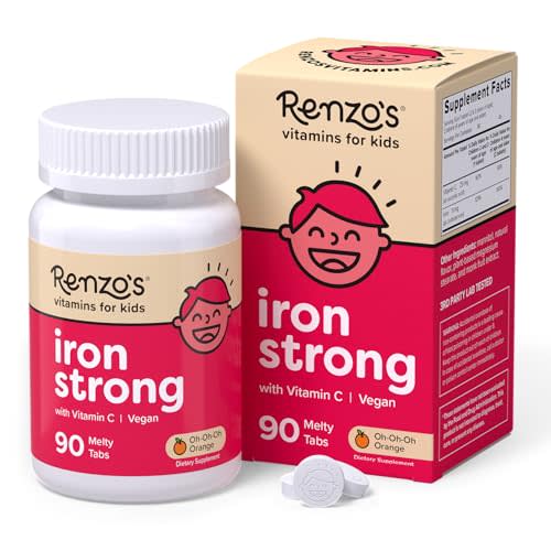 Renzo's Iron Supplements for Kids, Dissolvable Vegan Kids Iron Supplement with Vitamin C, Sugar-Free Melty Tabs, Orange Flavor, 90-Count | 9 mg per tablet, With Vitamin C for Enhanced Absorption, Gentle on the Stomach, Sugar-Free, Orange Flavor, 45-90 ...