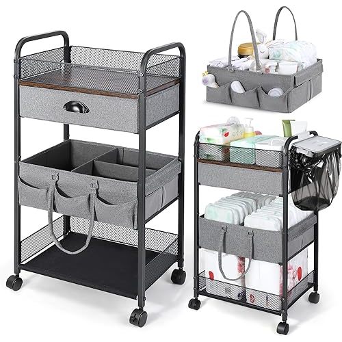 Orzbow Baby Caddy Cart Organizer, 4 Tier Baby Rolling Storage Cart with Drawer, Easy To Assemble, Detachable Infant Nursery Storage with Wheels for Bedroom, Changing Table & Crib, Gray