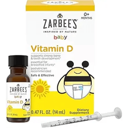 Zarbee's Vitamin D Drops for Infants, 400IU (10mcg) Baby & Toddler Liquid Supplement, Newborn & Up, Dropper Syringe Included, 0.47 Fl Oz