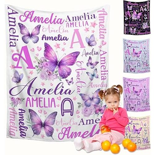 Custom Butterfly Blanket with Name for Girls Boys,Personalized Baby Butterfly Blanket,Swaddle Blankets for Toddlers Infants Newborns Nursery,Baby Size-30"x40"