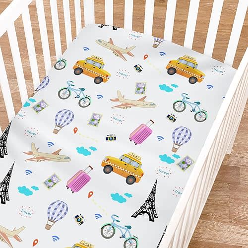 Funny Travel Baby Crib Sheets for Girls and Boys 52"x28" Cute Hot Air Balloon Taxi Bike Camera Suitcase Soft Unisex Crib Fitted Sheet Nursery Bed Sheets for Standard Crib and Toddler Mattress