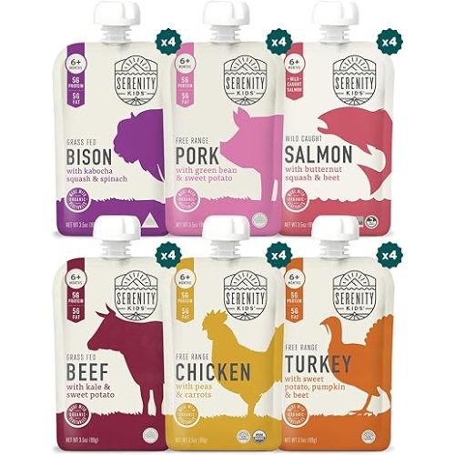Serenity Kids 6+ Months Power Protein Pack - 24 Count, 3.5 Oz - No Added Sugar Meat Snacks Toddler Food - Portable Baby Travel Essential