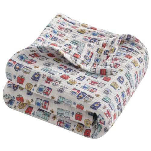NTBAY 4 Layer Muslin Cotton Toddler Blanket, 30x40 Soft and Breathable Receiving for Newborns and Infants, Perfect for Crib, Stroller, Travel, Lightweight Nursery Blanket, Cartoon Train