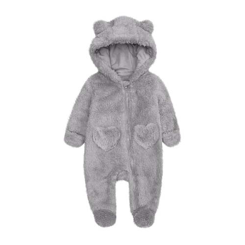 UACY Newborn Baby Winter Fleece Snowsuit Cute Bear Ears Hooded Outfits Zip Up Fuzzy Heart Jumpsuit Warm Furry Onesie (Grey, 6-9 Months)