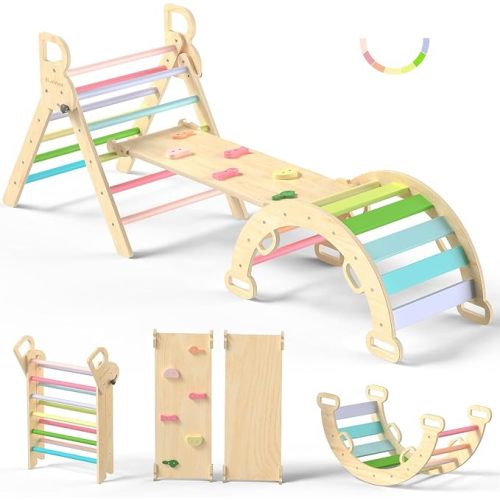 Pikler Triangle Set, Toddler Climbing Toys Indoor 7in1 Foldable | Wooden Climber for Kids, Montessori Philosophy Play Jungle Gym with Arch, Ramp, Ladder (Colorful Spring)