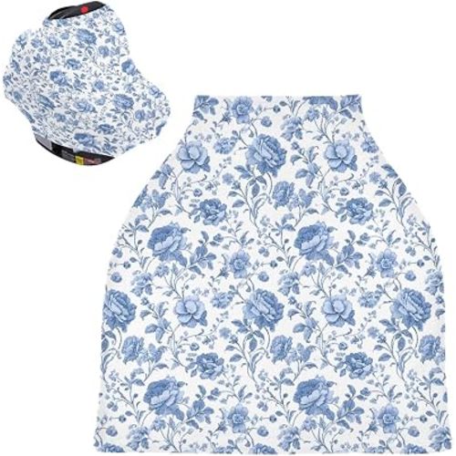 Car Seat Covers for Babies Blue Toile Peony Vine Pattern Breastfeeding Cover Stretchy Soft Multi Use Stroller Carseat Canopy Cover