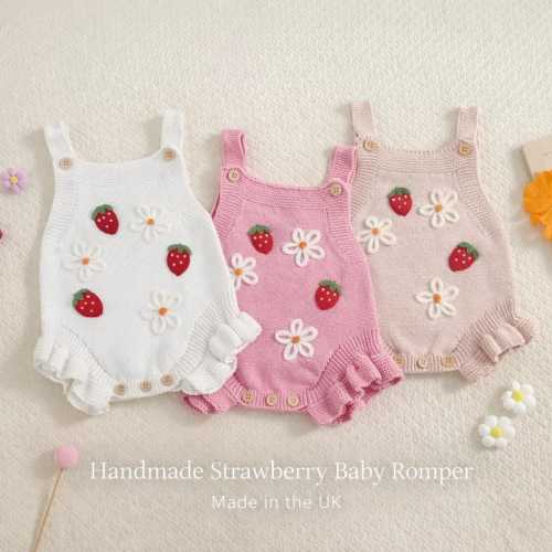 Handmade Strawberry Baby Romper Girl Outfit | Baby’s First Easter Outfit | Spring Crochet Baby Girl Clothes | 3–12 Months UK Made Gift
