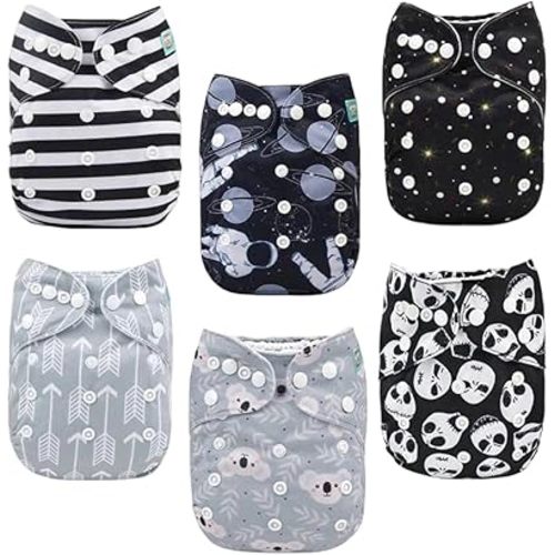 ALVABABY Baby Cloth Diaper 6 Pack with 12 Inserts One Size Cloth Diaper Covers Adjustable Washable Reusable for Baby Girls and Boys
